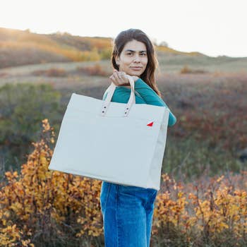 Leather handle canvas tote bag deals