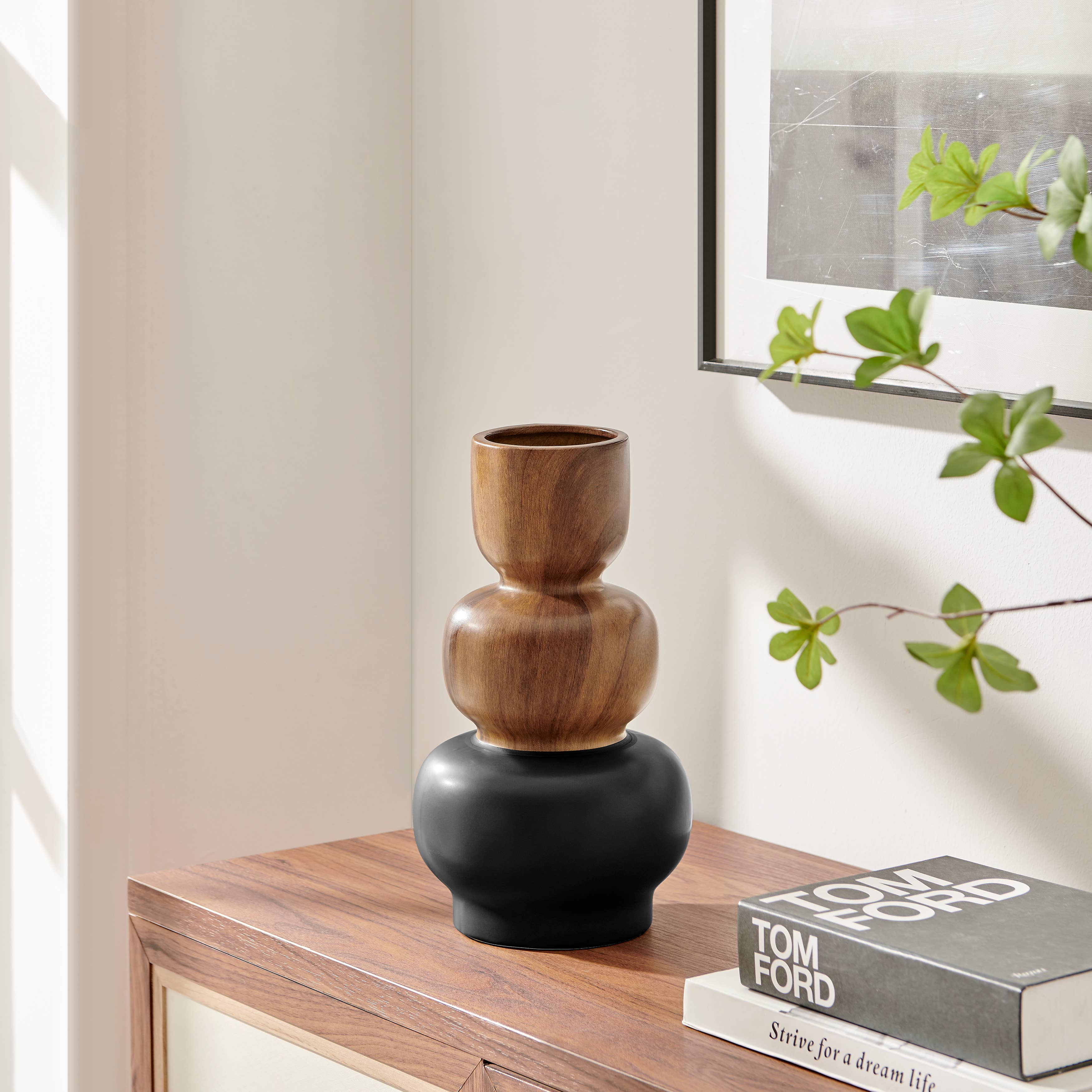 Danya B – wholesale Vase – Milo Trinnet 3 Tier Stack Two Tone Vase Black and Walnut1