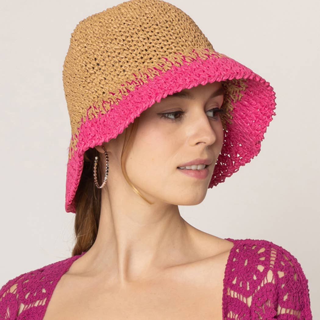 Fashion City - Wholesale Bucket Hat - Women's - Two Tone Color Block Straw Bucket Hat11