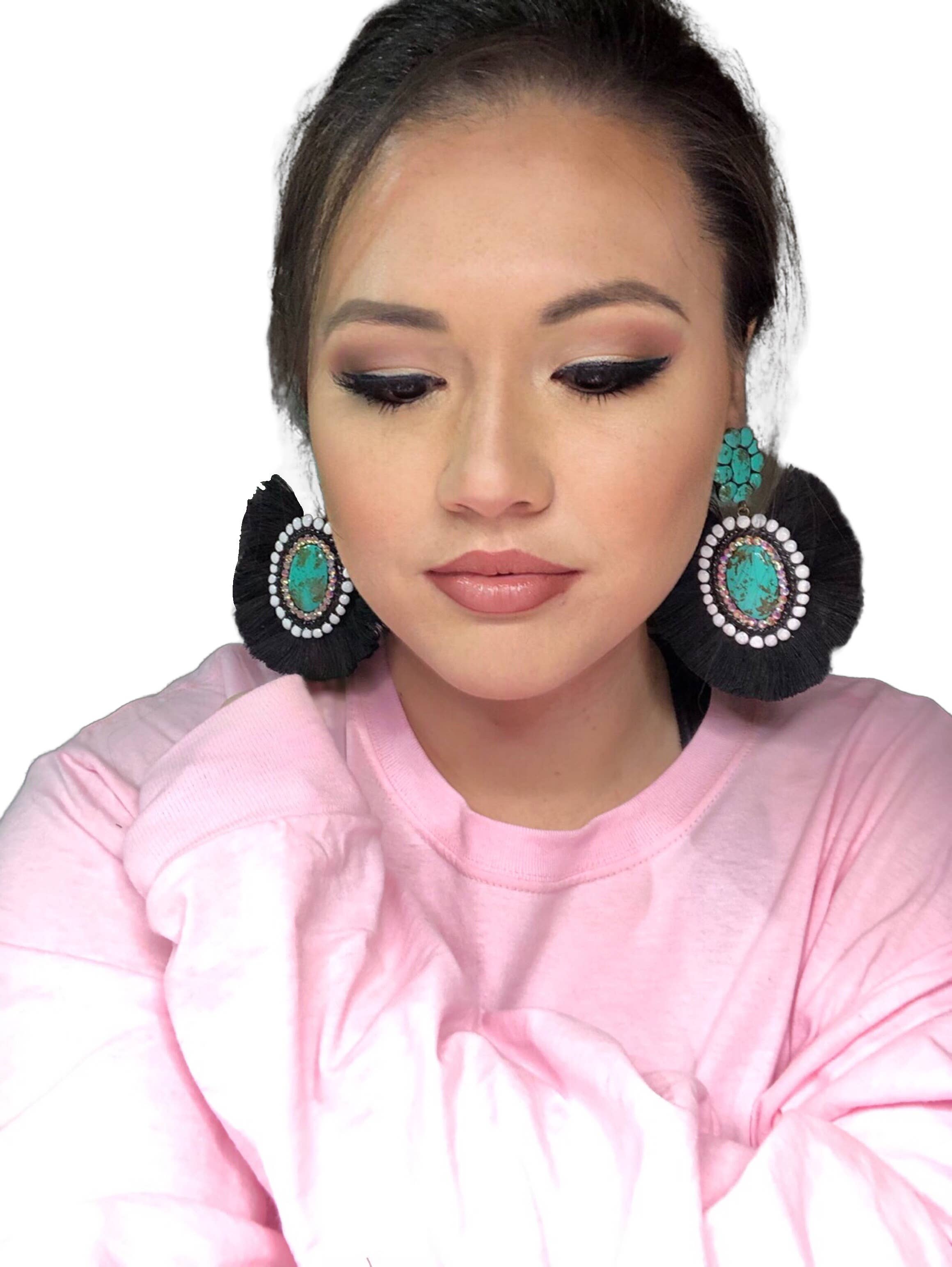 Nomadic Brunette - Wholesale Dangle Earrings - Marle Concho Earrings- Turquoise Stone with Black Fringe Western Handmade Clay2