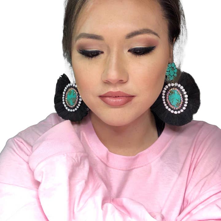 Nomadic Brunette - Wholesale Dangle Earrings - Marle Concho Earrings- Turquoise Stone with Black Fringe Western Handmade Clay2