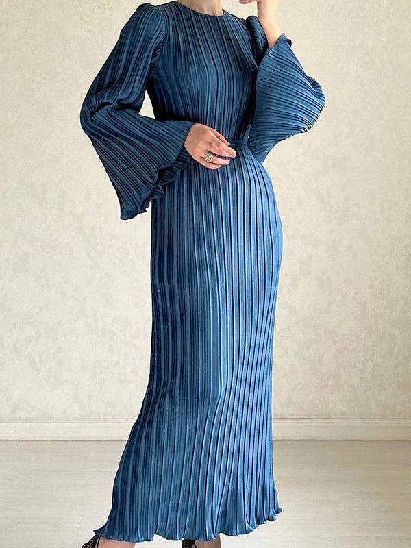 UZ Wholesale Store - Wholesale Dress - Women's - Pleated Ruffled Solid Color Flared Sleeves Long Sleeves Roun