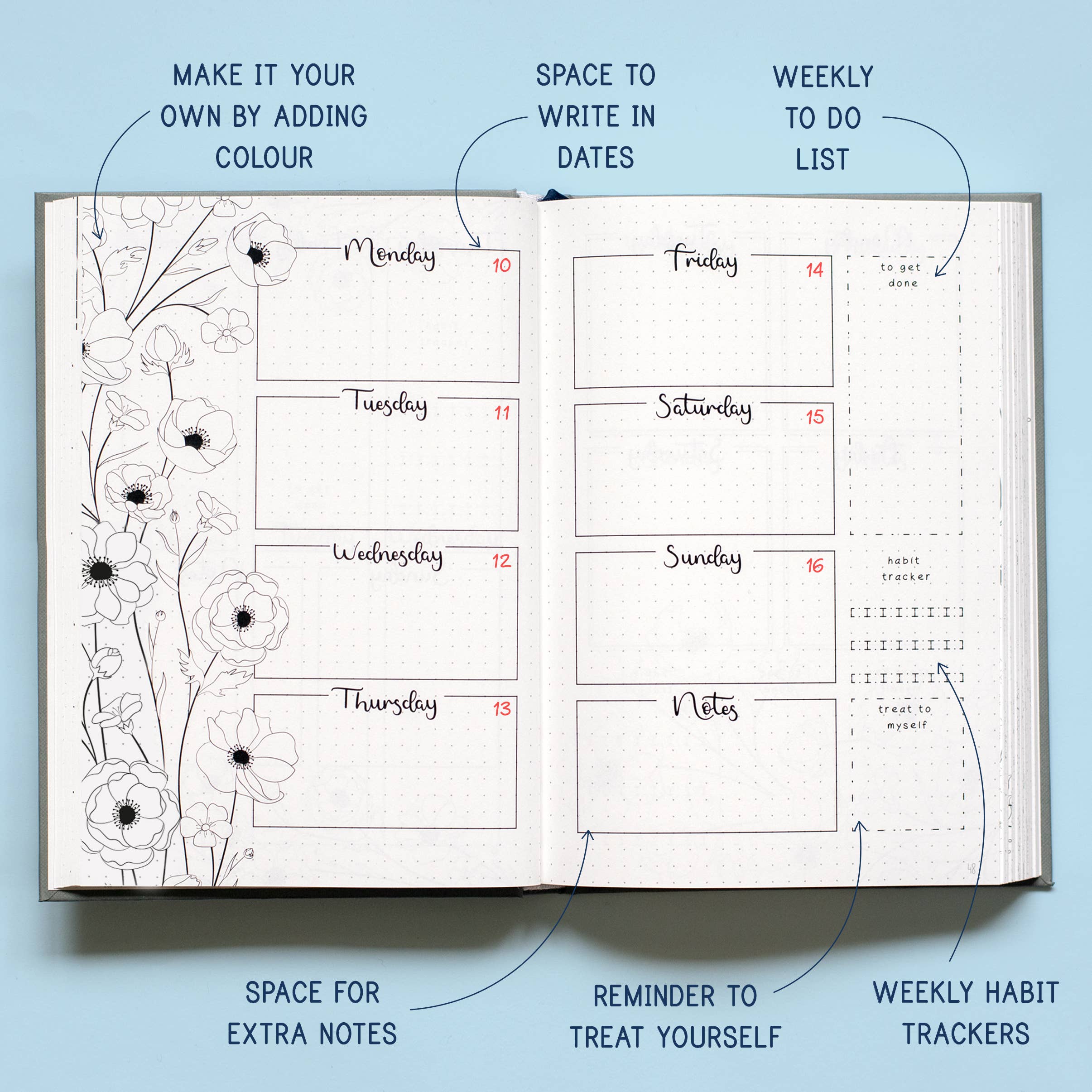 LILLA Journals – wholesale Journal/diary – Floral Weekly Bullet Journal | Undated illustrated planner9