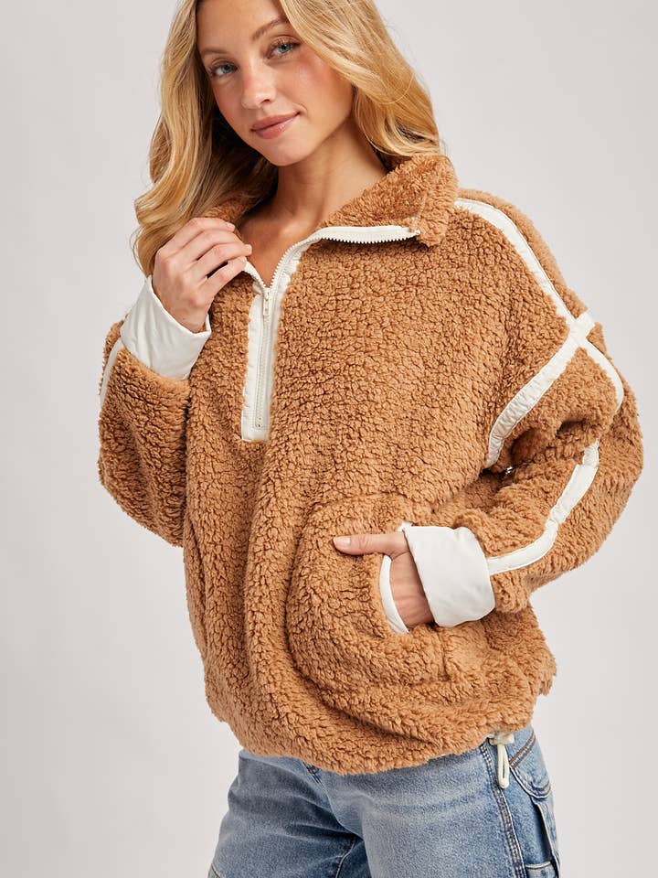 Bluivy - Wholesale Outerwear - Maternity - HALF ZIP CONTRAST SHERPA FLEECE TOP WITH POCKETS16