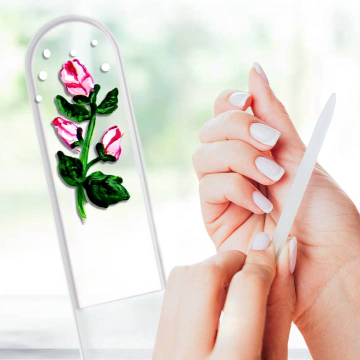 Classy Nail Files – wholesale Nagelfil – Rosenknoppar Rosa Blomma Gåva Handmålad Kristallnagelfil11