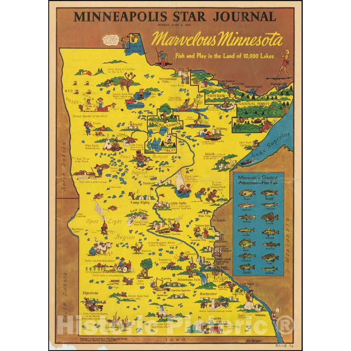 Mapa histórico de Minnesota: Pesca y Recreación, 10,000 Lagos, 1940 para venta al por mayor de Historic Pictoric