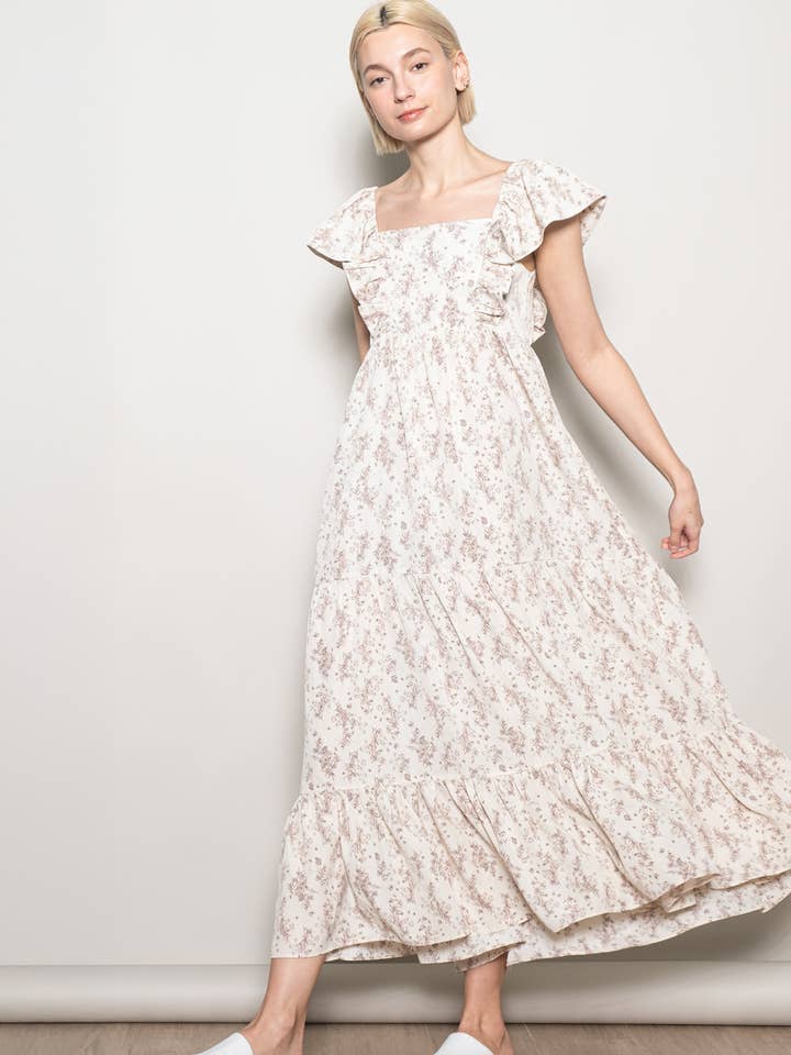 Elloh Collection - Wholesale Dress - Women's - On Off Shoulder Ruffle Sleeve Wide Flare Tiered Maxi Dress10