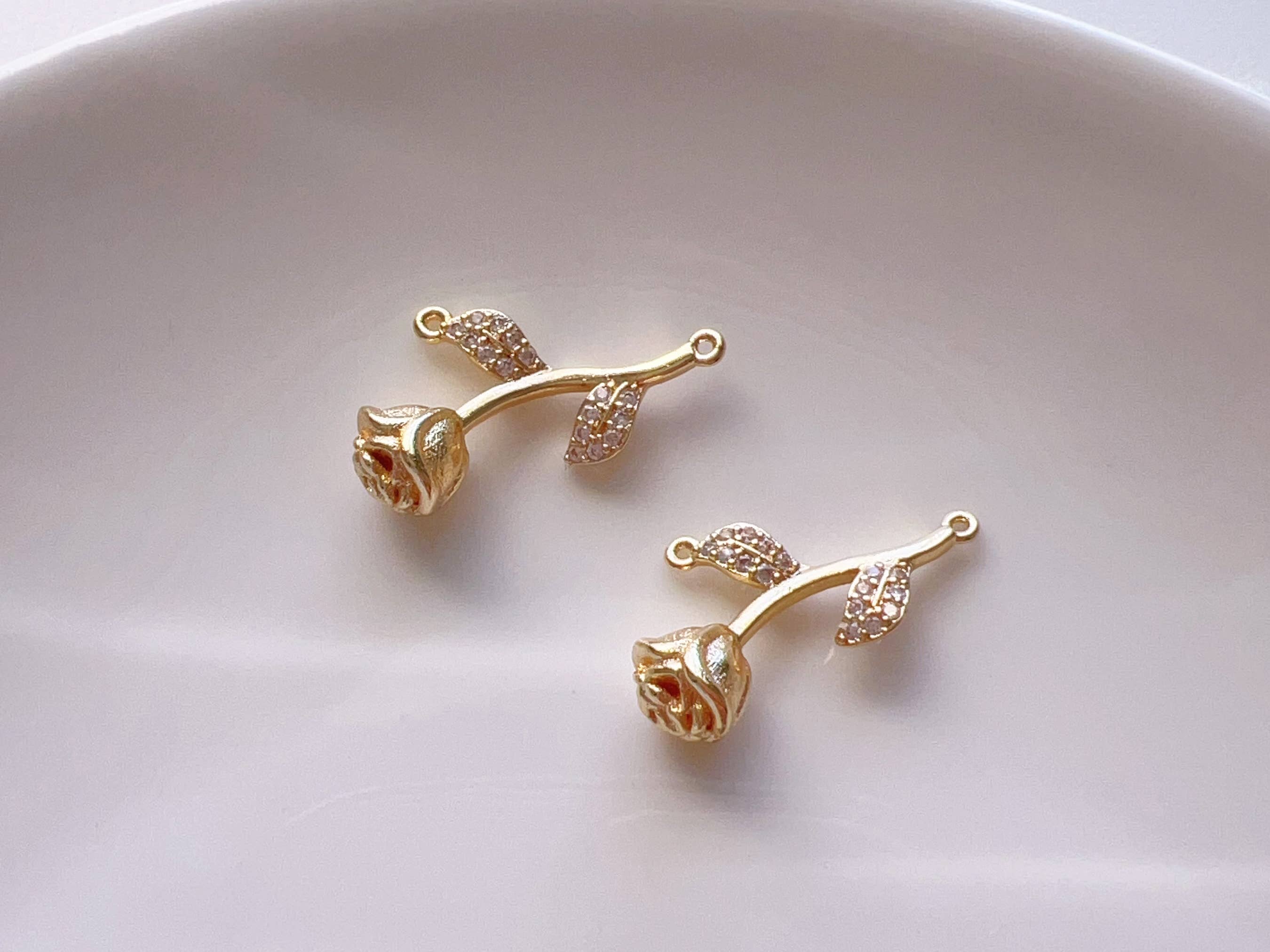 PISTEP - Wholesale Individual Charm/Pendant - 14K Gold Plated CZ Clear Stone Rose Charm, Rose Connector0