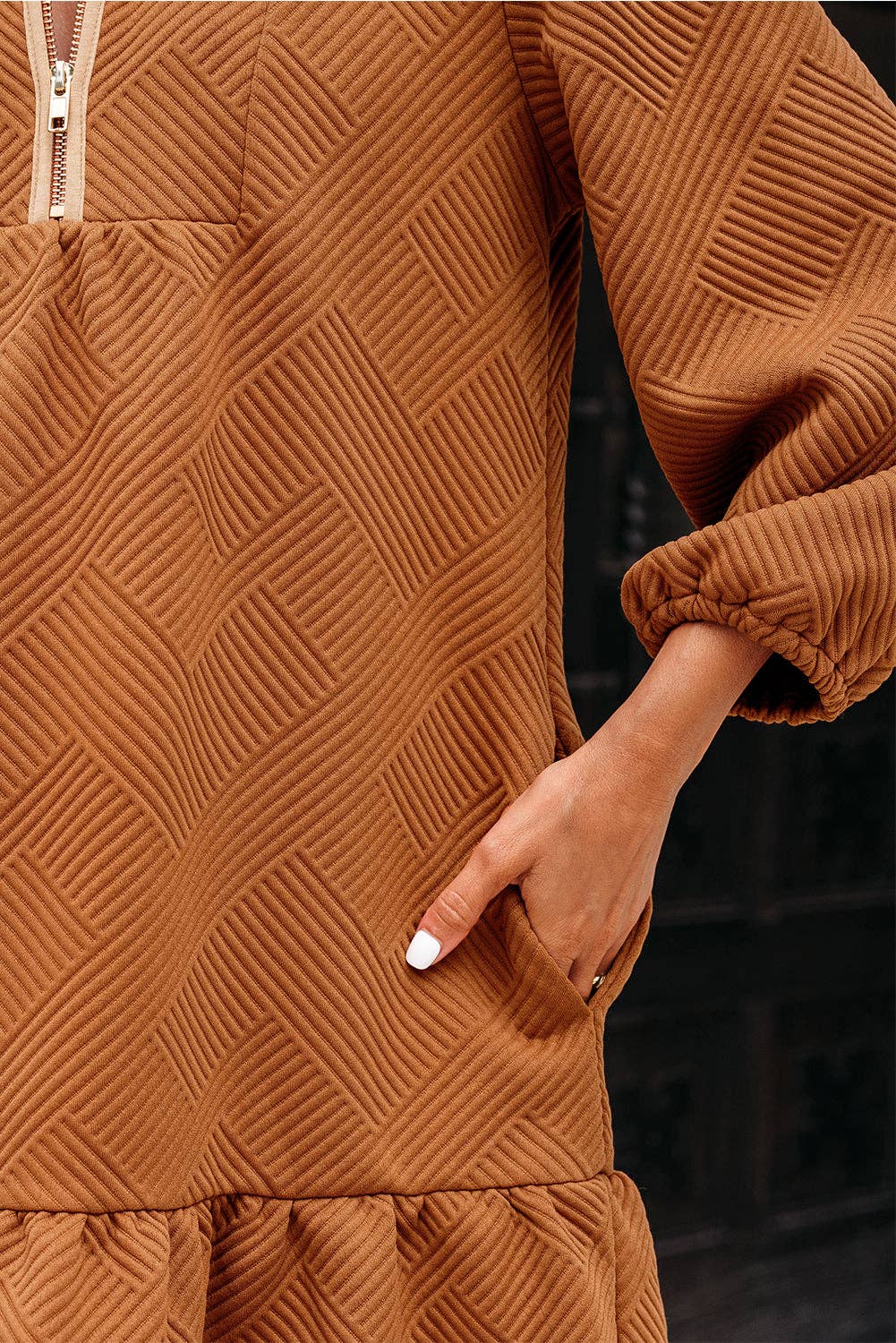 Desert Gold Textured Quarter Zip Collar 3/4 Sleeve Mini Dress for wholesale on Faire2