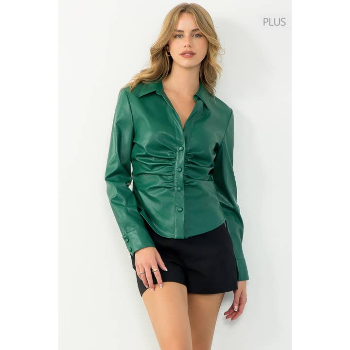 GREEN /Size XL/ Leather Button Up Long Sleeve Top for wholesale on Faire
