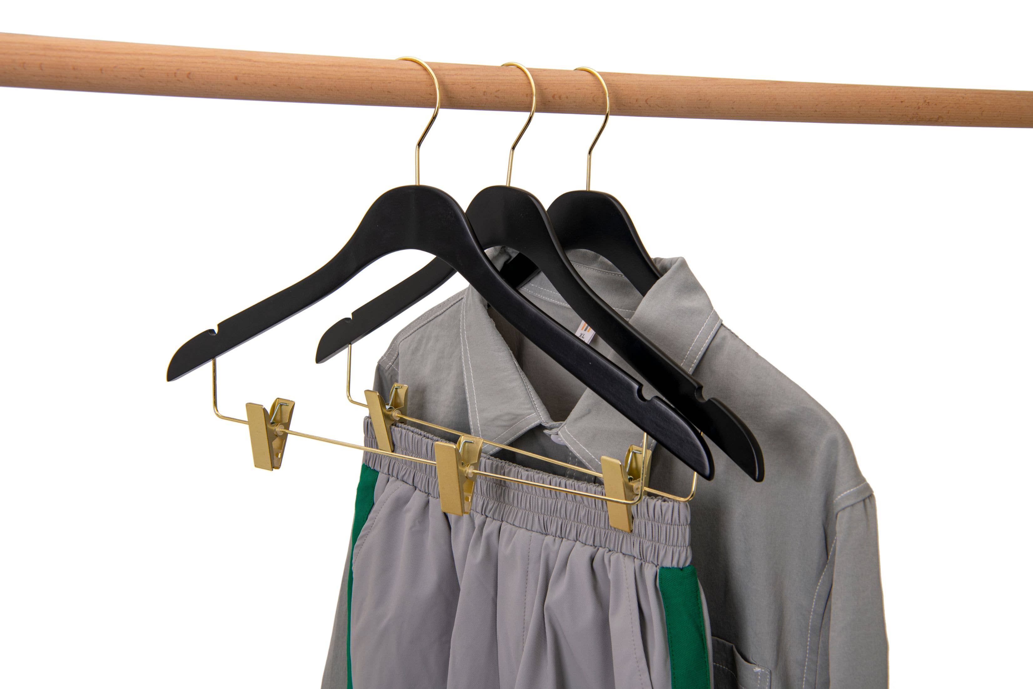 Quality Hangers – Cabides por atacado – WS73 Cabides Ultra Finos para Saias e Calças com Clipes Preto/dourado - 5 Unidades13