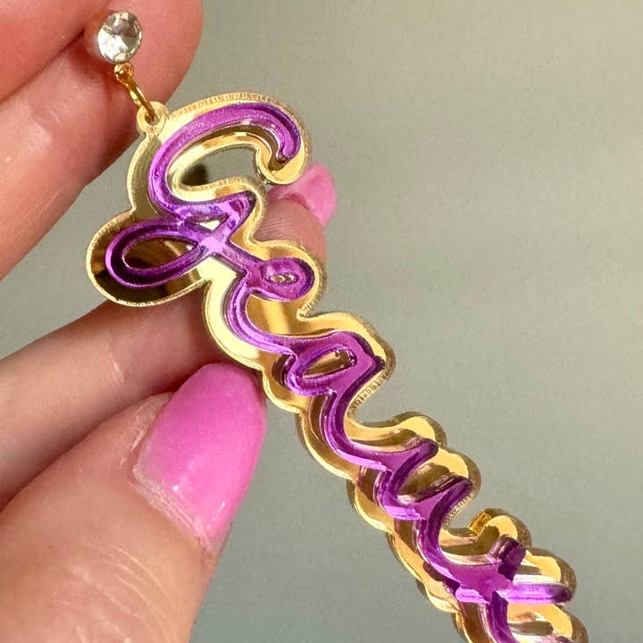 Louie Love - Wholesale Dangle Earrings - Gold Acrylic Geaux Louisiana State LSU Tigers Earrings1