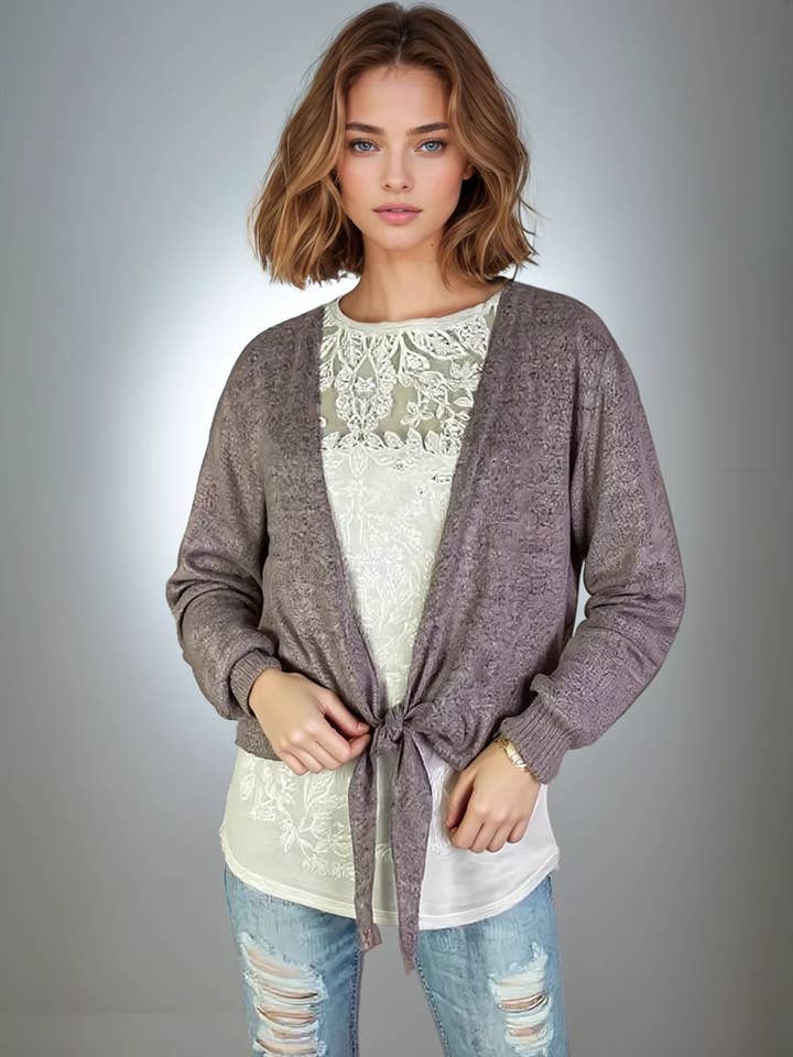 Tie Front Open Short Cardigan Rose (D190748) for wholesale by Dantelle Apparel