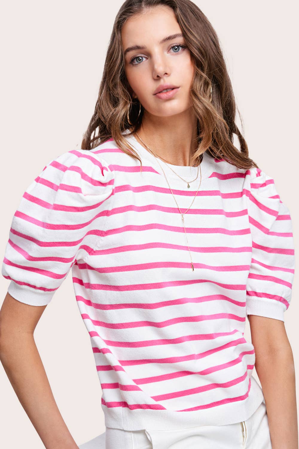 La Miel – Engroshandel Strikket top - Dame – JCS3562-letvægts Puff kortærmet stribet stribet top8