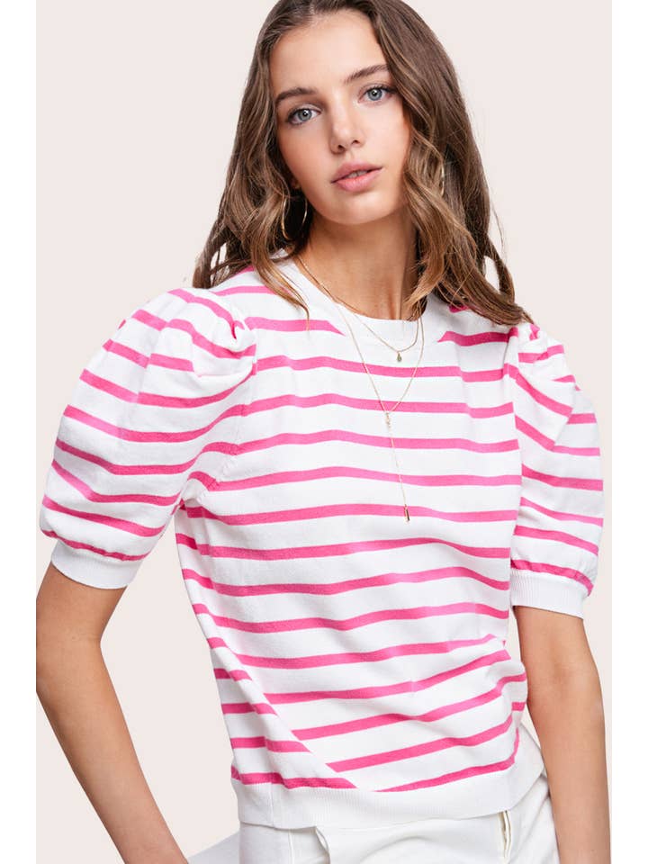 La Miel - Wholesale Knit Top - Women's - JCS3562-Lightweight Puff Short Sleeve Stripe Knit Top8