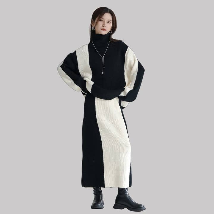 WEISS+SCHWARZ Farbblockiertes Strickoberteil und Rock-Set für den Großhandel auf Faire2