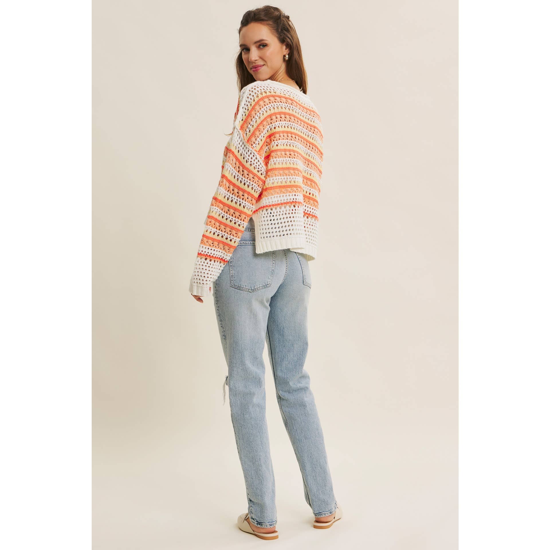 in february - Wholesale Knit Sweater - Women's - BRIGHT VIBRANT MULTI STRIPE LOOSE FIT CROCHET SWEATER TOP12