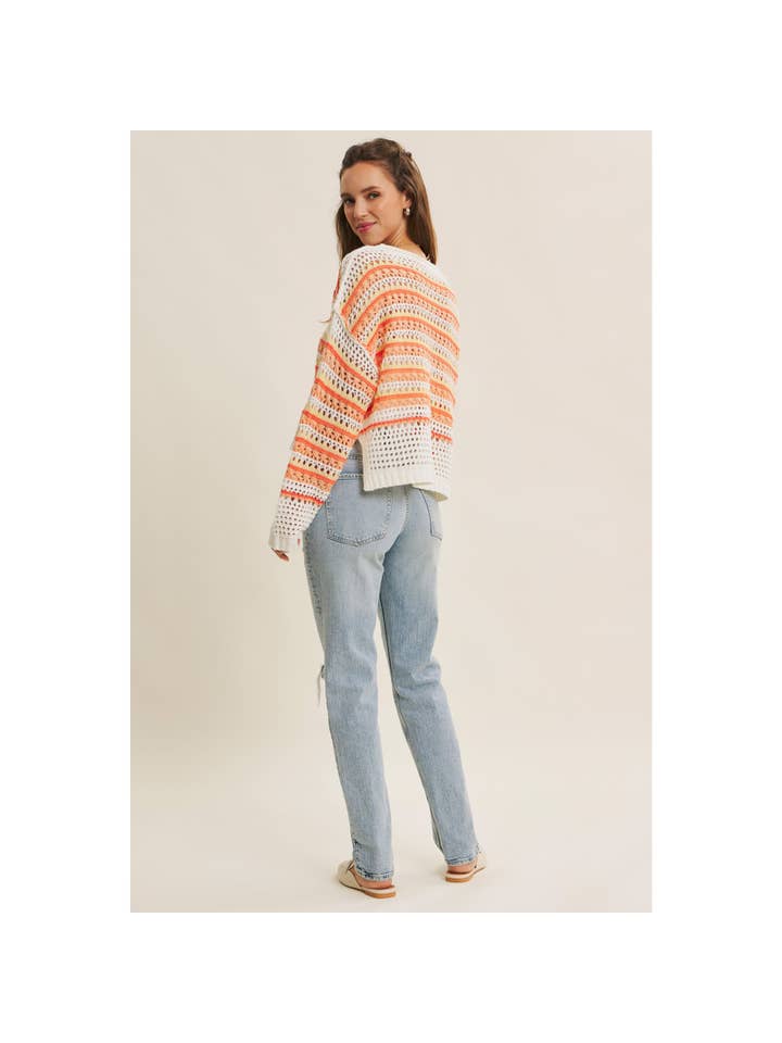 in february - Wholesale Knit Sweater - Women's - BRIGHT VIBRANT MULTI STRIPE LOOSE FIT CROCHET SWEATER TOP12