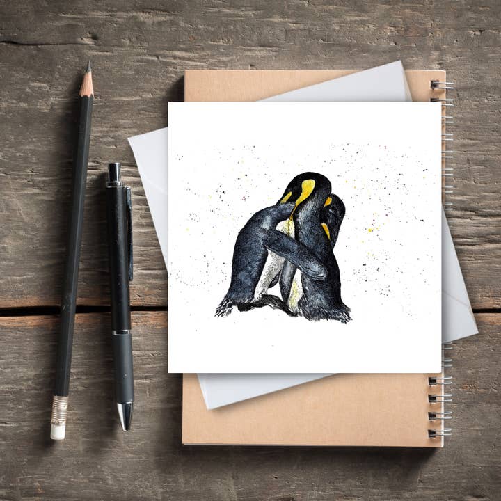 Tarjeta con acuarela y tinta Penguins Embrace para venta al por mayor de Dots Allowed