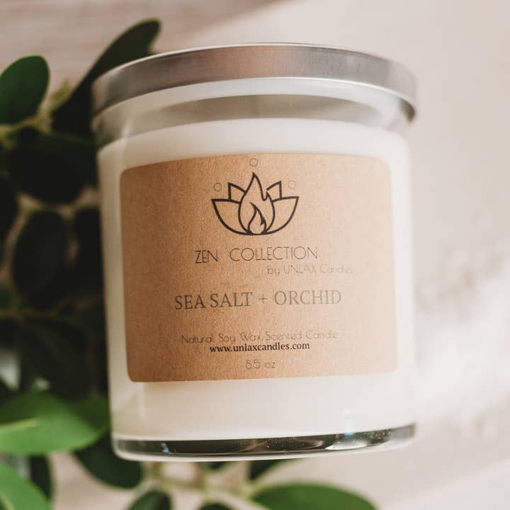 Sel de mer + Orchidée - Zen Collection - Bougie de soja 9 oz pour la vente par UNLAX Candles