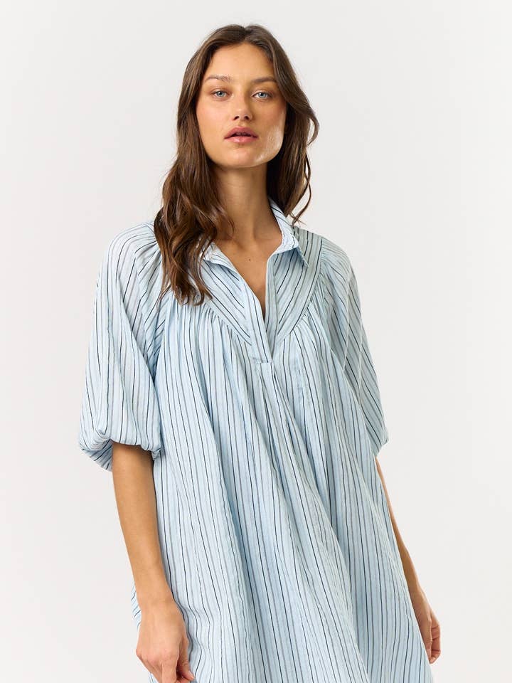 Striped Puff Sleeved Babydoll Mini Dress for wholesale by Lalavon