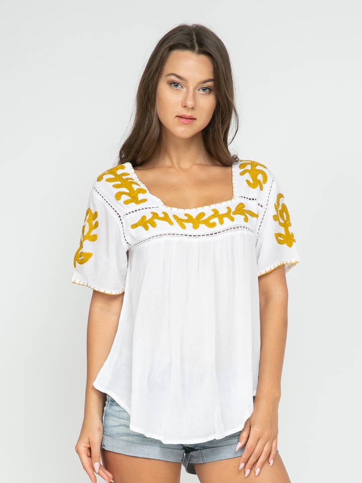 Sandy Embroidered Top White-Gold for wholesale by Raj Trading & Imports (USA) Inc.