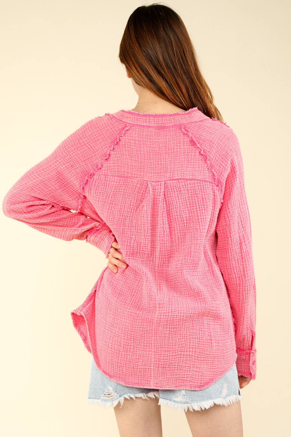 VERY J - Wholesale Button Down Shirt - Women's - NT11350-Oversized Washed Woven Crinkled Gauze Shirt Top7