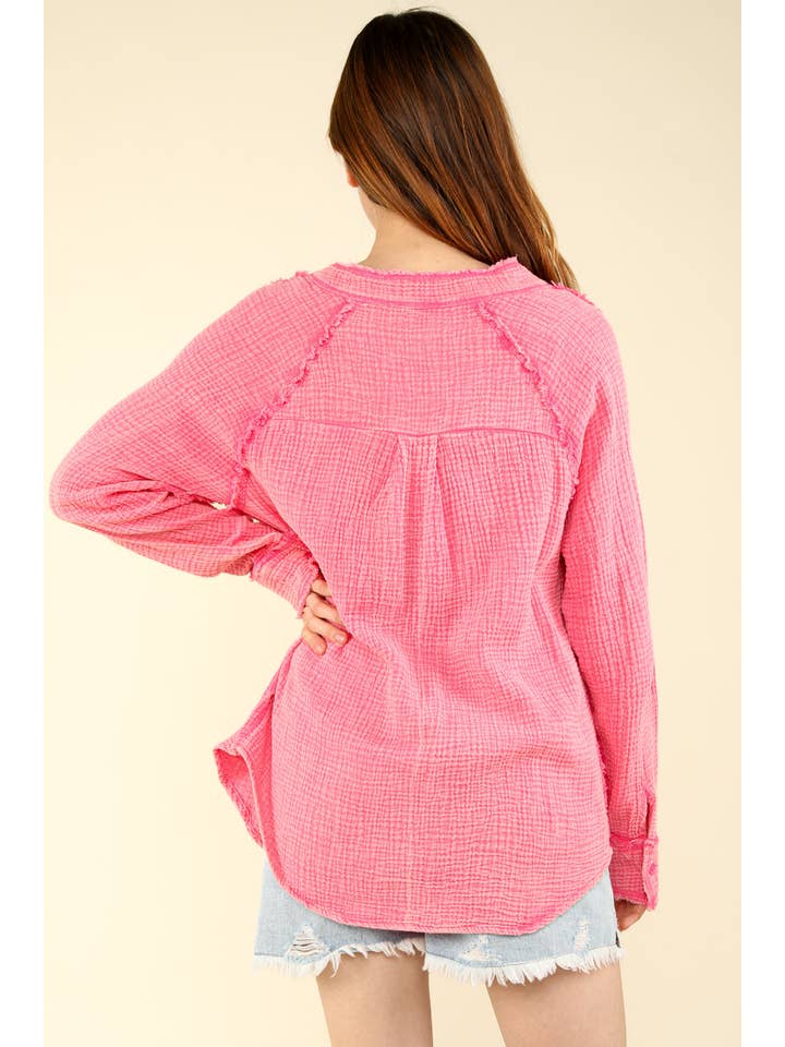 VERY J - Wholesale Button Down Shirt - Women's - NT11350-Oversized Washed Woven Crinkled Gauze Shirt Top7