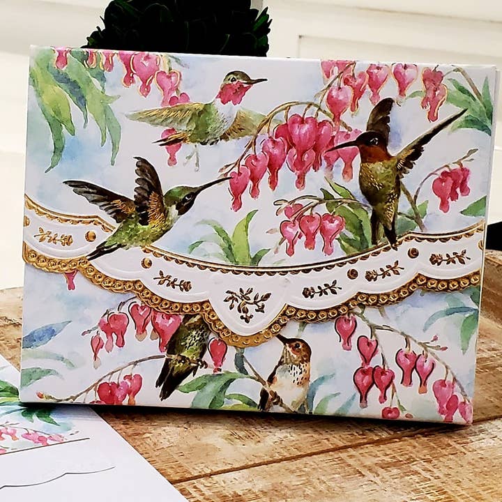 Carol Wilson Fine Arts Inc./For Arts Sake - Wholesale Stationery/Notecard Set - Hummingbird Embossed, Die-Cut Boxed Portfolio Note Card Set NCP2508