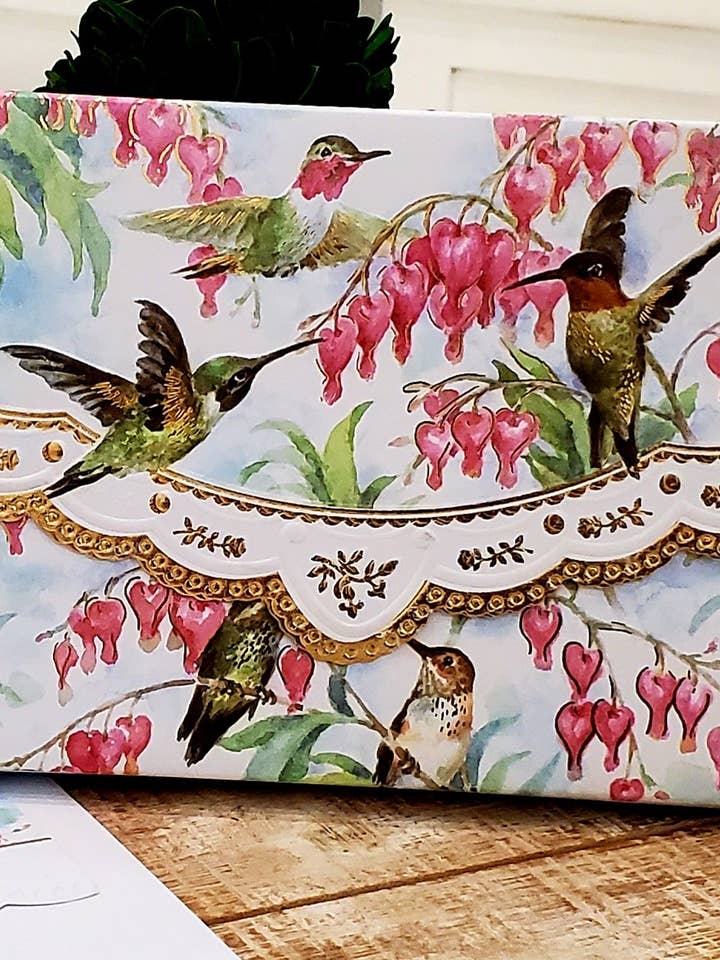 Hummingbird Embossed, Die-Cut Boxed Portfolio Note Card Set NCP2508 for wholesale by Carol Wilson Fine Arts Inc./For Arts Sake