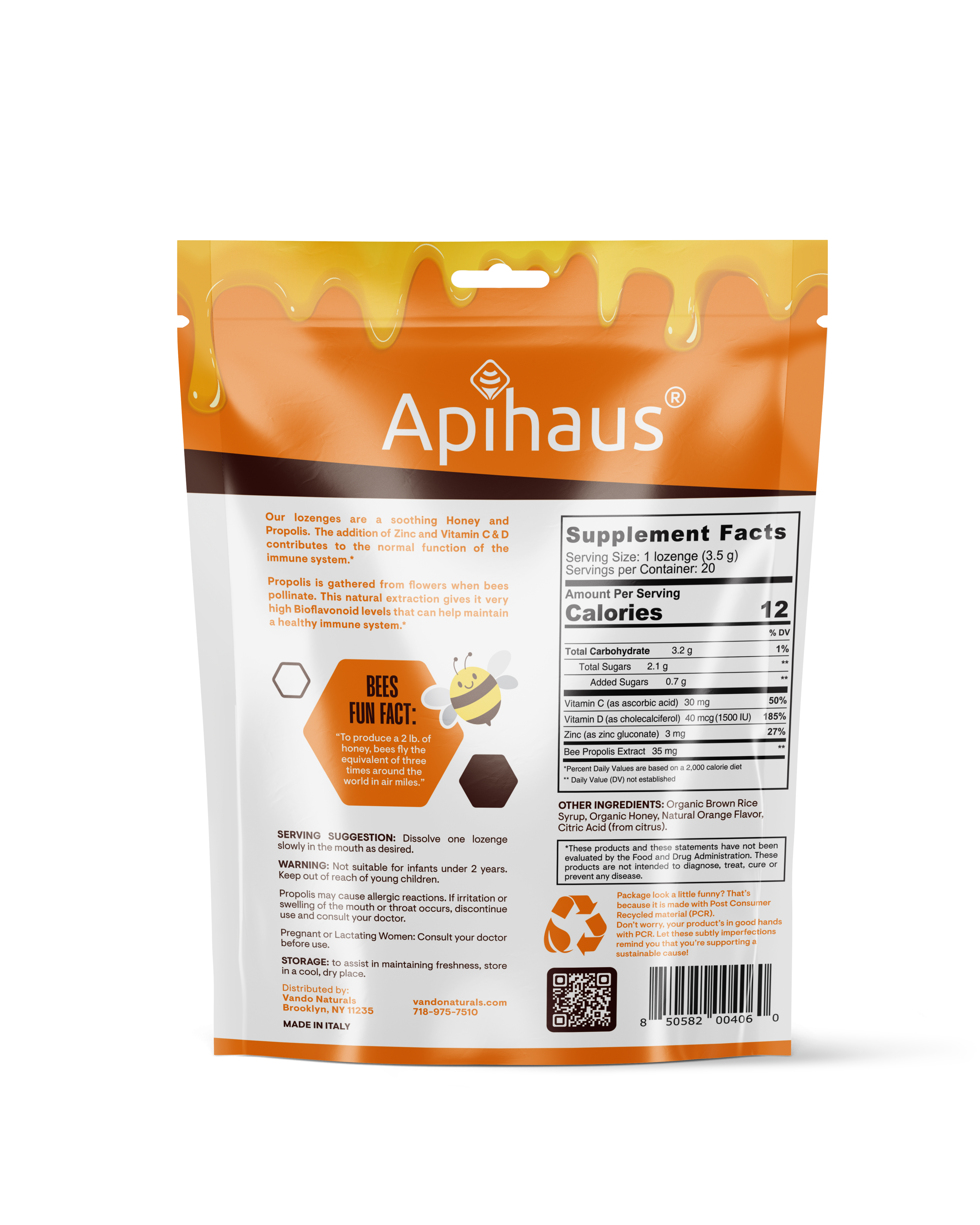 Vando Naturals - Wholesale Lozenges/cough drops - Apihaus Honey and Propolis Lozenges Orange Flavor  20 pcs1