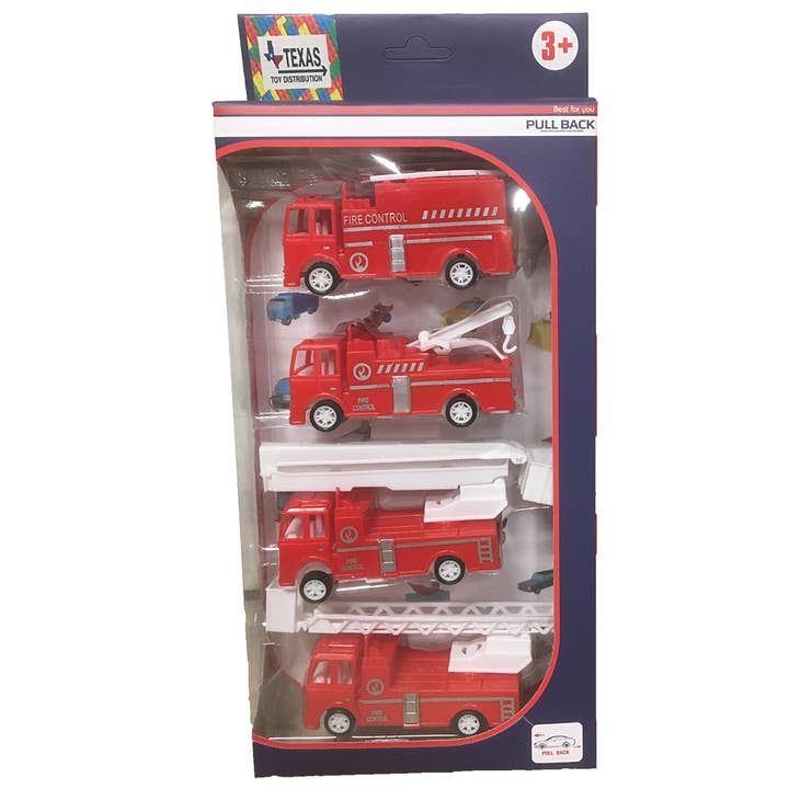 Set of 4 Pull-Back Fire Vehicles in Peggable Retail Box for wholesale by Texas Toy Distribution