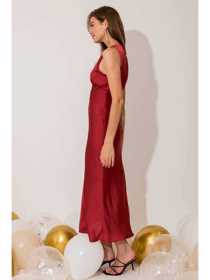 MARSALA SLEEVELESS V-NECK SATIN MIDI DRESS for wholesale on Faire