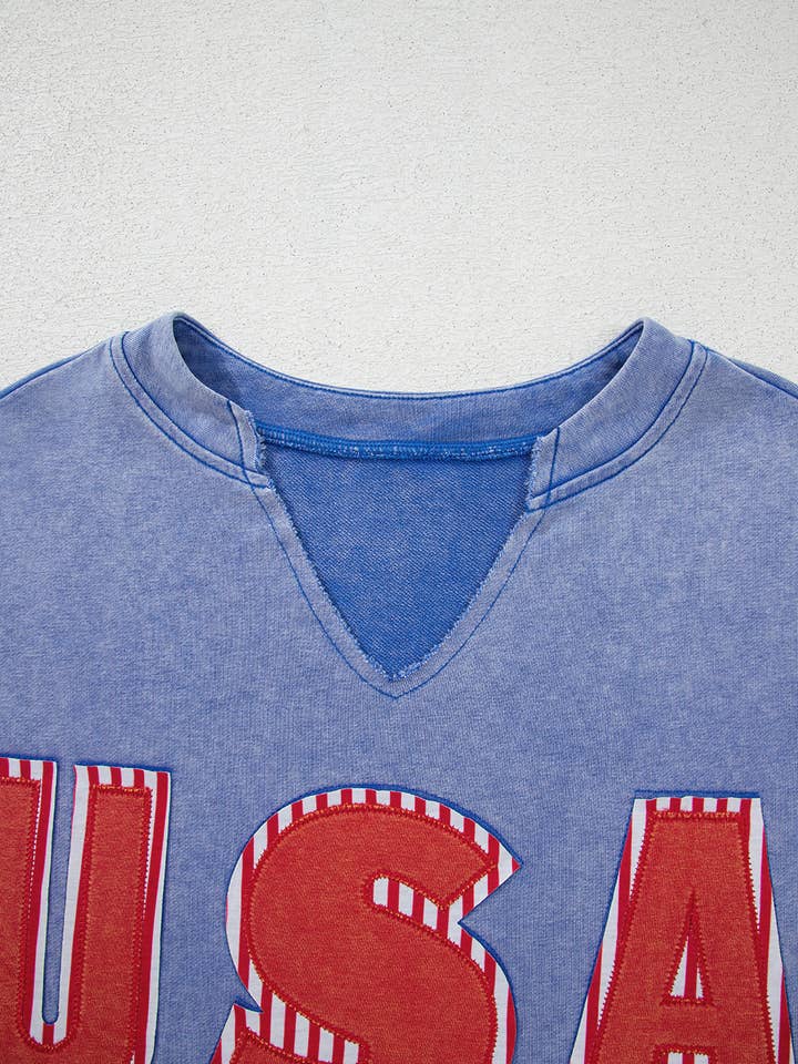 Blue USA Patch Mineral Wash Notch V Neck Vintage Graphic T Shirt for wholesale on Faire