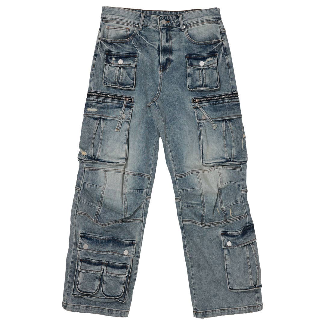Light Stone Tint WASHED MULTI CARGO DENIM Y2K PANTS for wholesale on Faire1