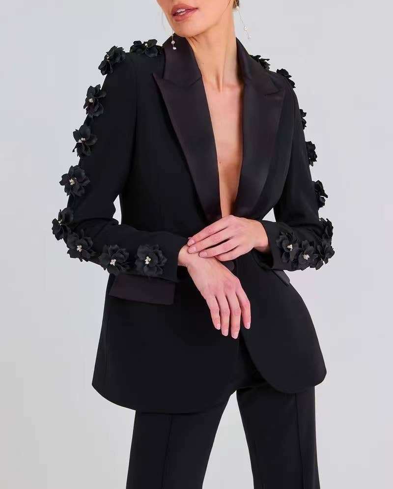 Black SET6-21 Elegant Floral Ruffle Blazer & Flare Pant Suit for wholesale on Faire3