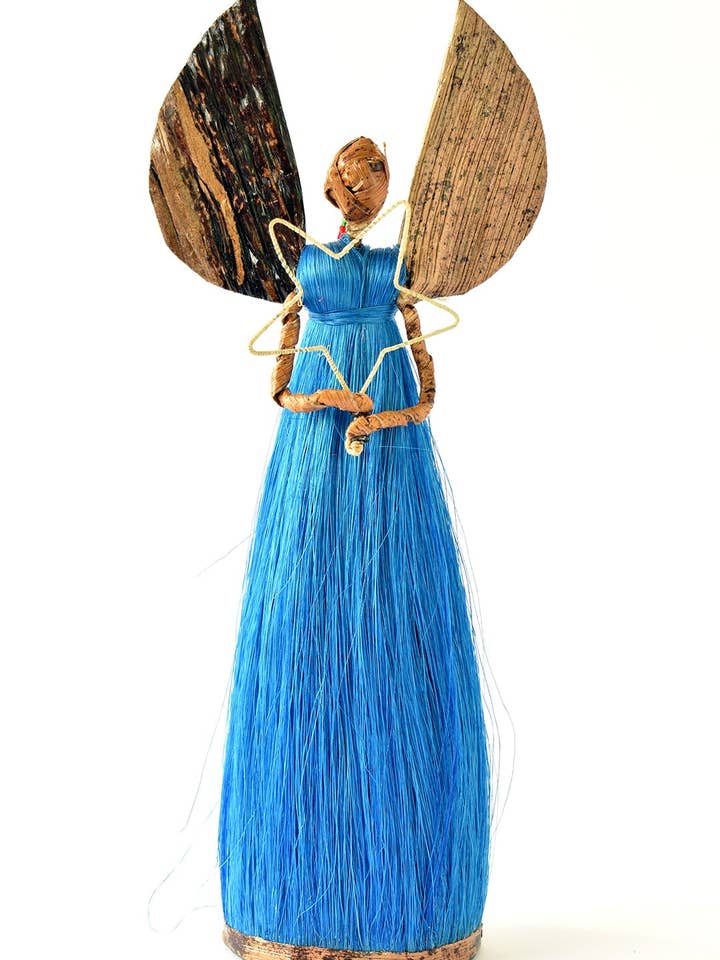 11" Blue Sisal Angel of Light Holiday Sculpture for wholesale by Swahili | AFRICAN MODERN