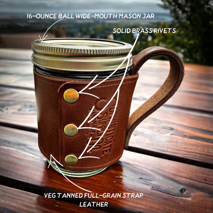 Sophisticate Supply Co. - Wholesale Drinking Glass/Cup - Leather Wrapped Mason Jar Drinking Glass - Bigfoot1