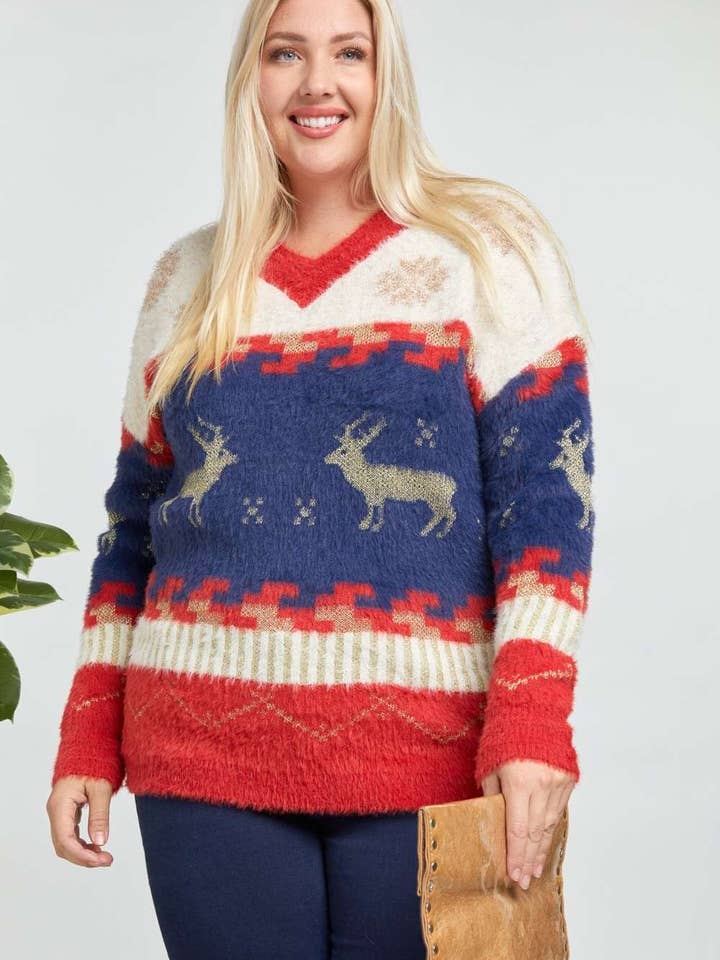 Red CHRISTMAS V NECK LOOSE FIT UGLY SWEATER for wholesale on Faire9