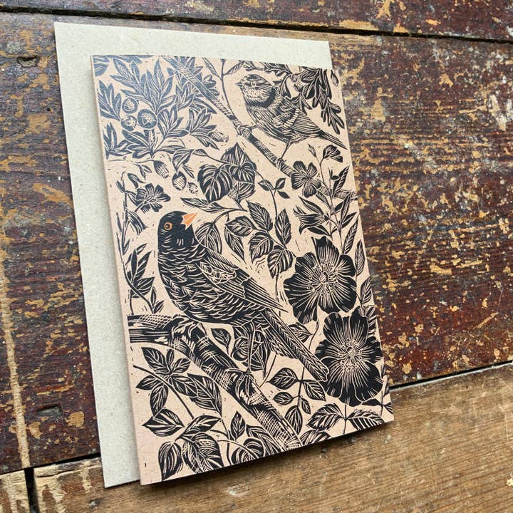 Vivienne Keable - Wholesale Birthday Card - Linocut Print - Blackbird - Greeting Card - Bird - Birthday Card - Nature Card - Hand Printed- Digital Print - Art Card3