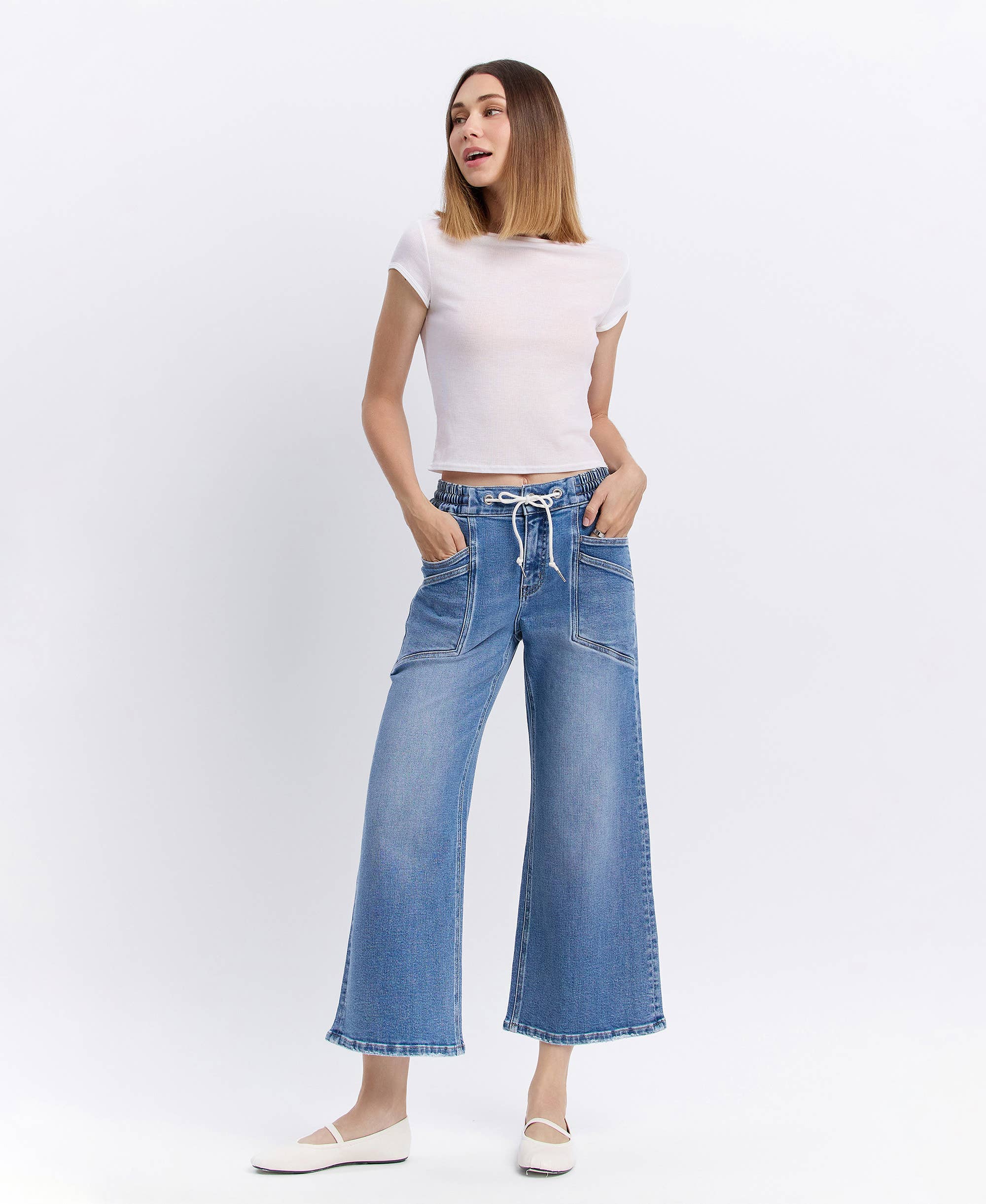 REASSURE HIGH RISE DRAWSTRING WAISTBAND WIDE LEG JEANS V3650 for wholesale on Faire2