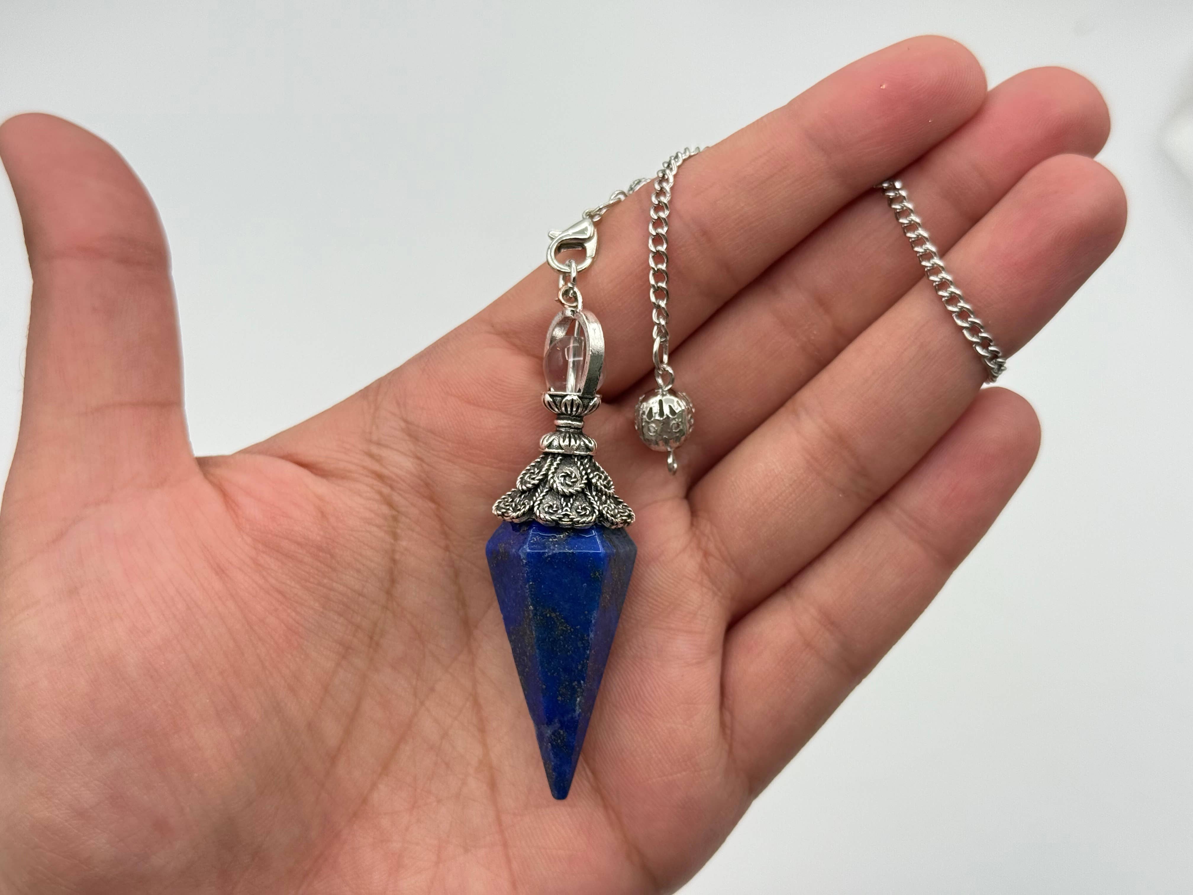 Meraki Gemstones - Venta al por mayor Tableros de péndulos - Péndulo de Doble Tapa de Lapislázuli con Cadena de Plata Plateada2