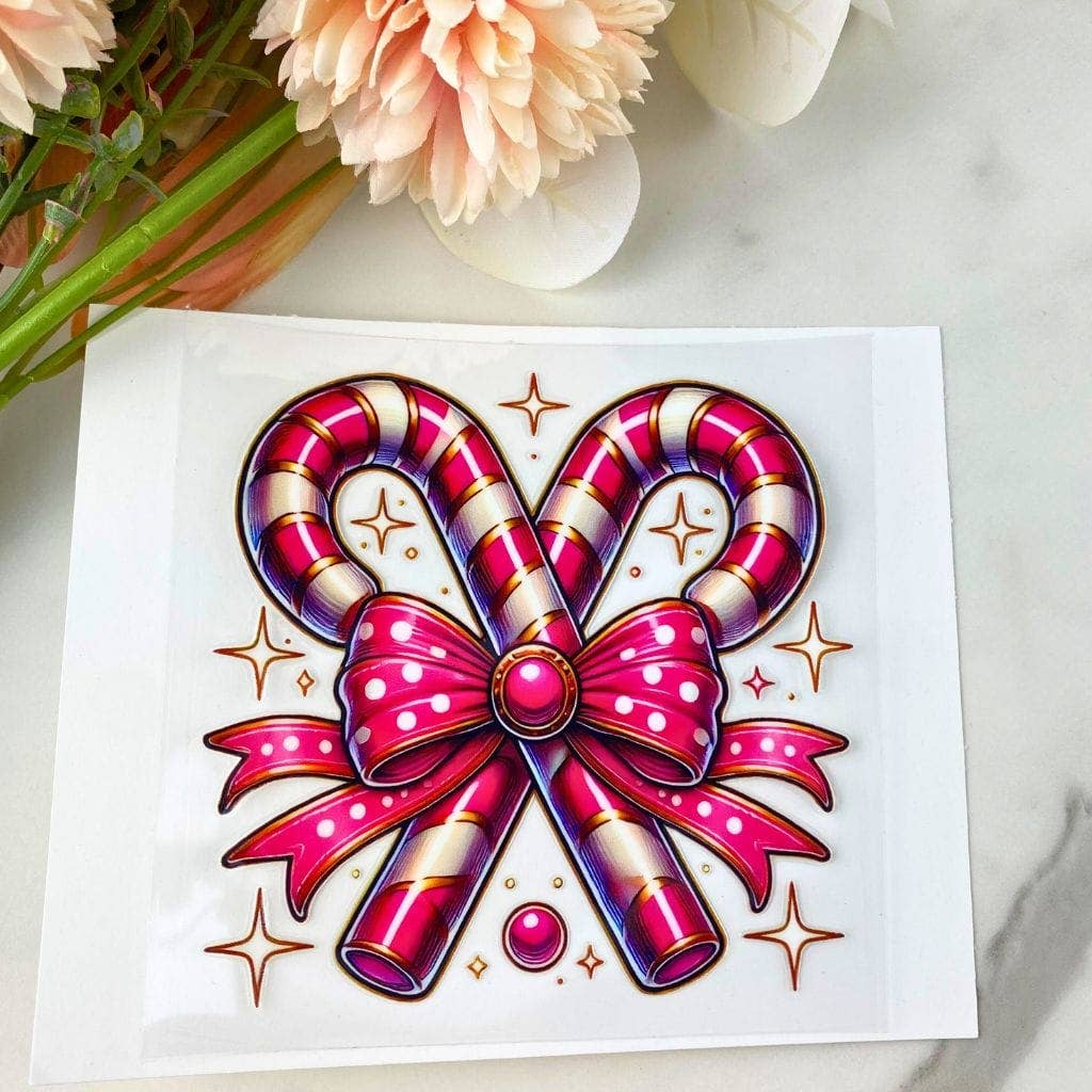 HKS Custom Designs – wholesale Sticker – Candy Cane with Bow | 4" UV DTF Decal0