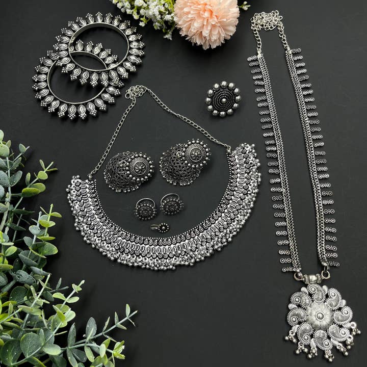 Silver Oxidised Indian Jewelry Set with Necklace & Choker for wholesale by Vastrabhushan
