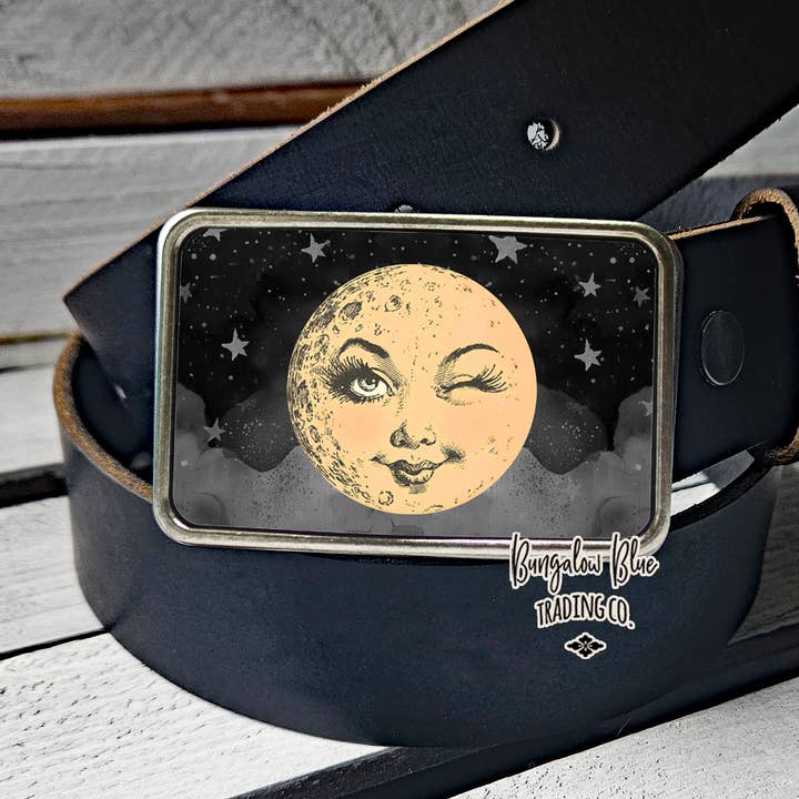 Winking Moon Belt Buckle for wholesale by Bungalow Blue Trading Co