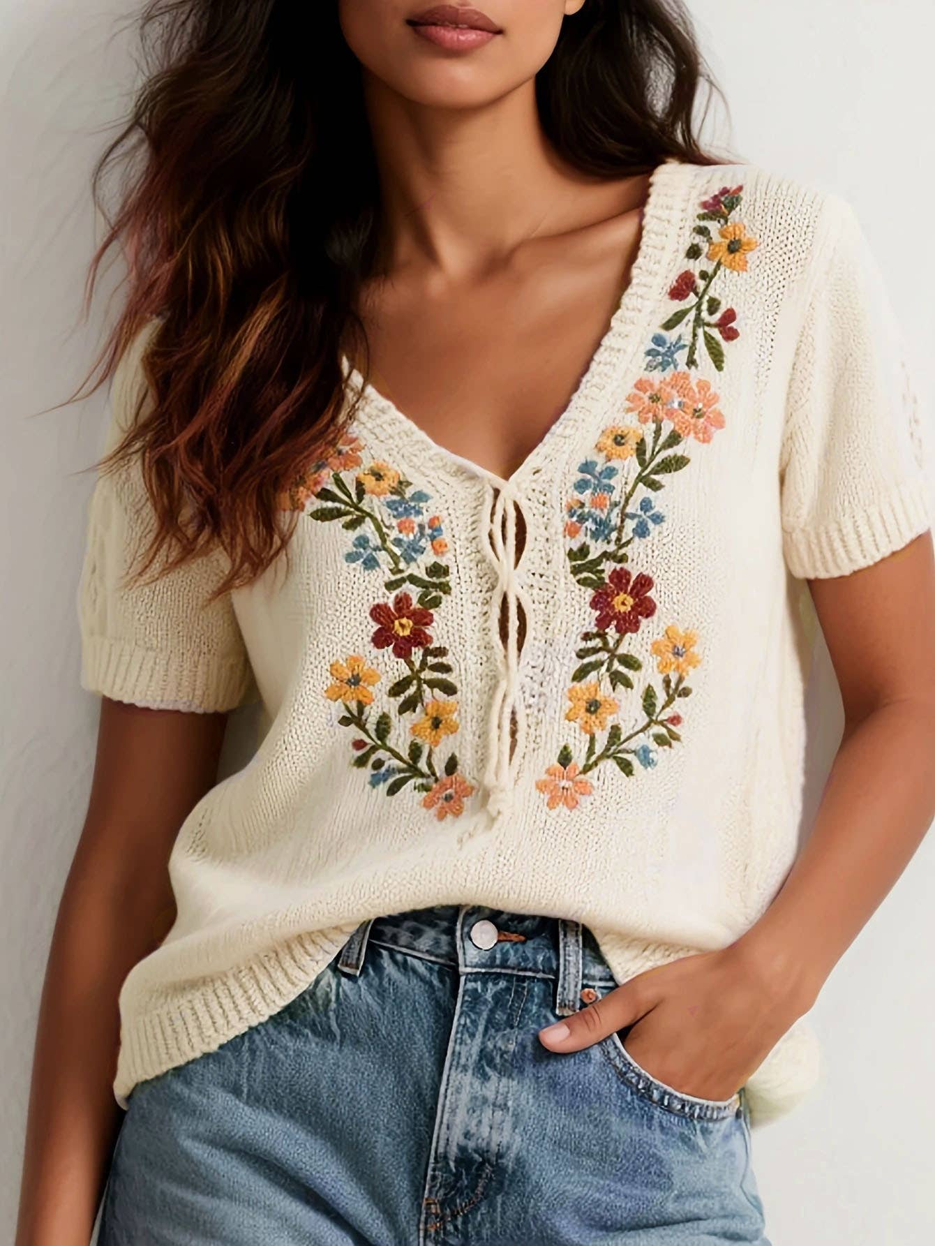 Floral Knitted Bohemia Flower Embroidered Top for wholesale on Faire