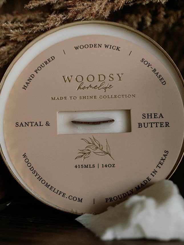 Santal & Shea Butter-Solid Brass 14oz Pure Soy Candle for wholesale by Woodsy Homelife