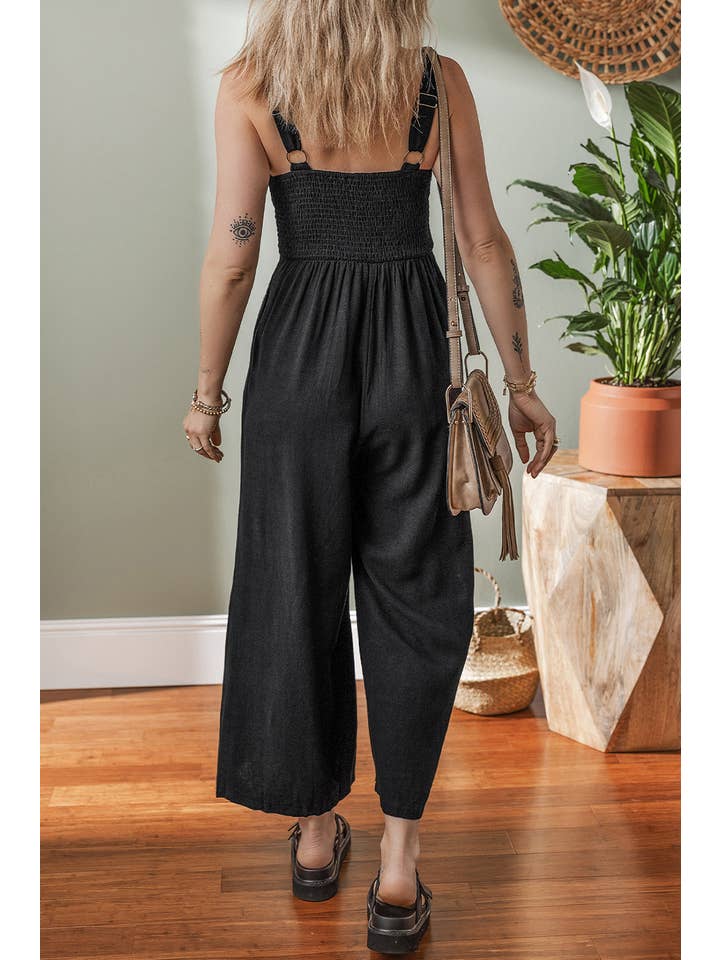 Black LDC Front Cut Out Smocked Back Sleeveless Wide Leg Jumpsuit for wholesale on Faire