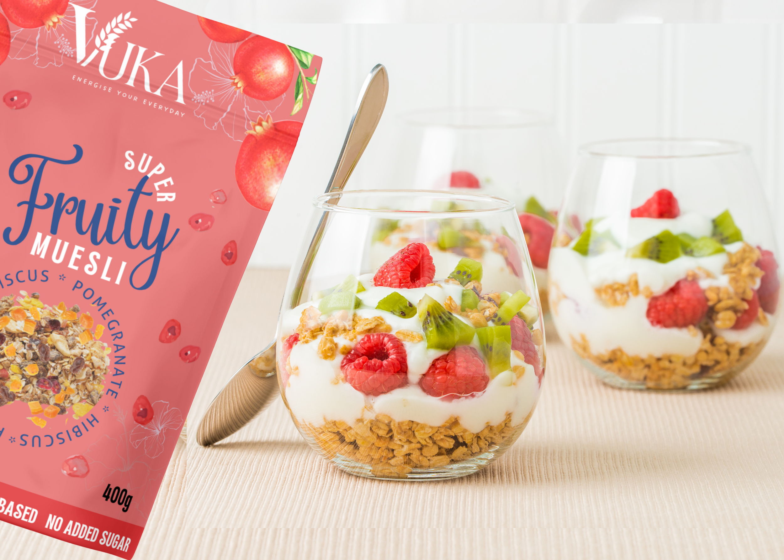 Vuka – wholesale Breakfast cereal – Super Fruity Muesli, Hibiscus and Pomegranate 45g1