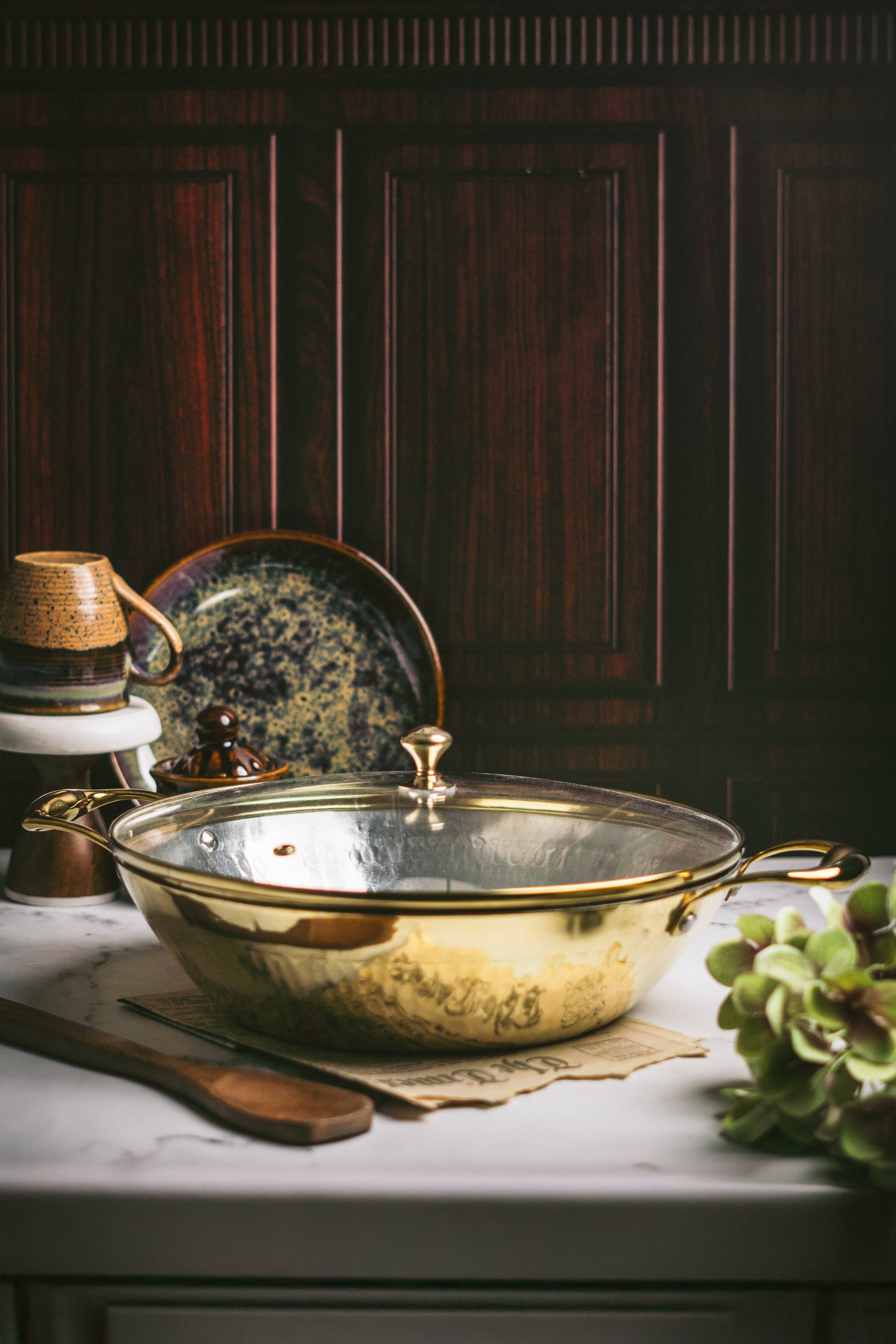 P-TAL - Wholesale Kookpot - Messing platte bodem wok met glazen deksel - Kadhai (Diepe & platte bodem kook-/serveergerei - karahi)11